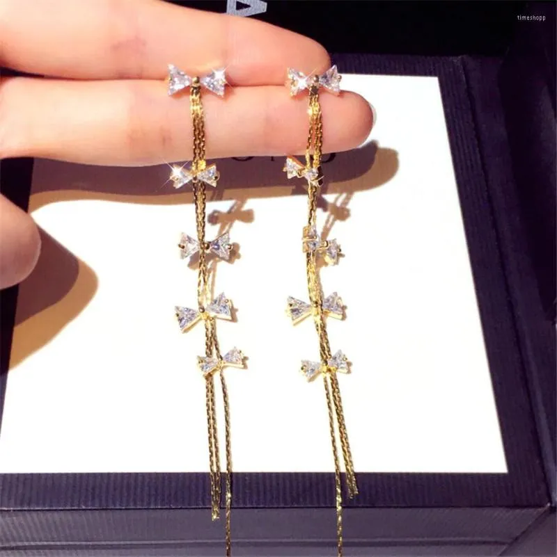 Hoop Earrings 2023 Fashion Silver Needle Long Set Zircon Bow Tassel Luxurious Exquisite Style Female Party Jewelry Gift