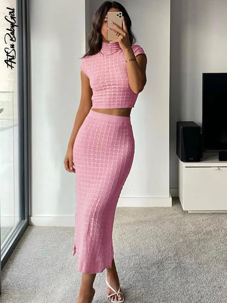 Pink long skirt matching top cheap