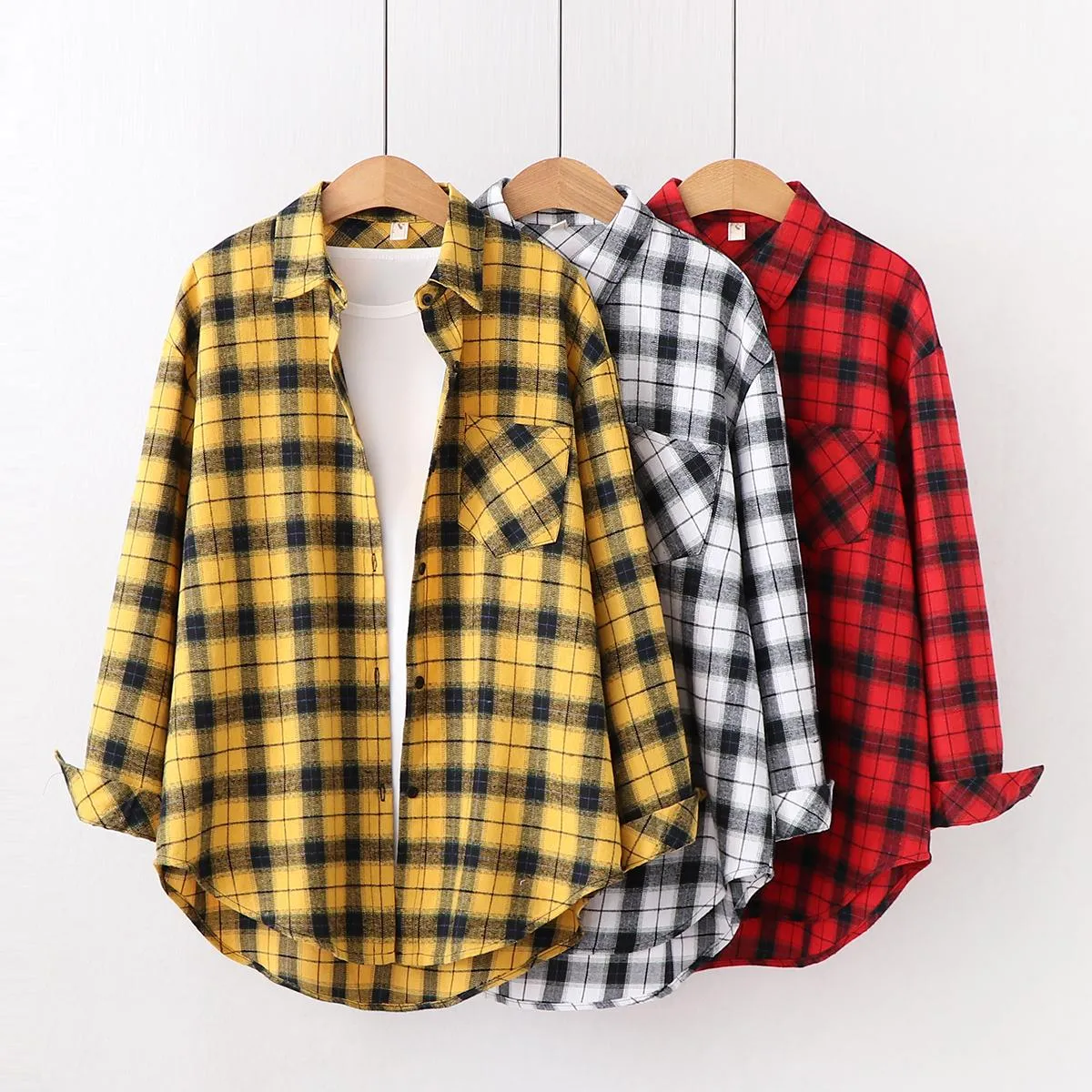 Shirts Loose Casual Style Women's Yellow Red Plaid Shirt 2022 New Womens Tops Large Size Long Sleeve Shirts Boutique Clothing