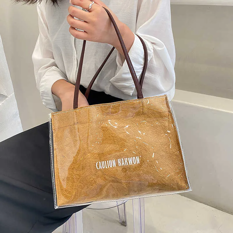 Kraft Paper Small Tote Bags for Women 2023 Trend Clear Pvc Designer Handbag Letter Pattern Female Shipping Shoulder Bag 230512