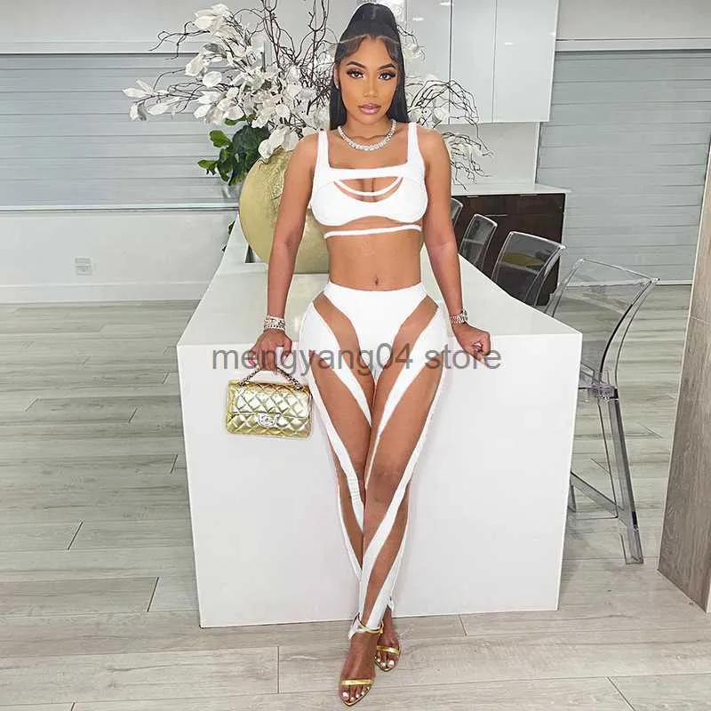 Kvinnors tvåbitar byxor Summer Sheer Mesh Patchwork 2 Piece Set Women Sexig Cut Out Tank Crop Top + Pants Suits Club Outfit Tracksuit Women Sport Fitness T230512