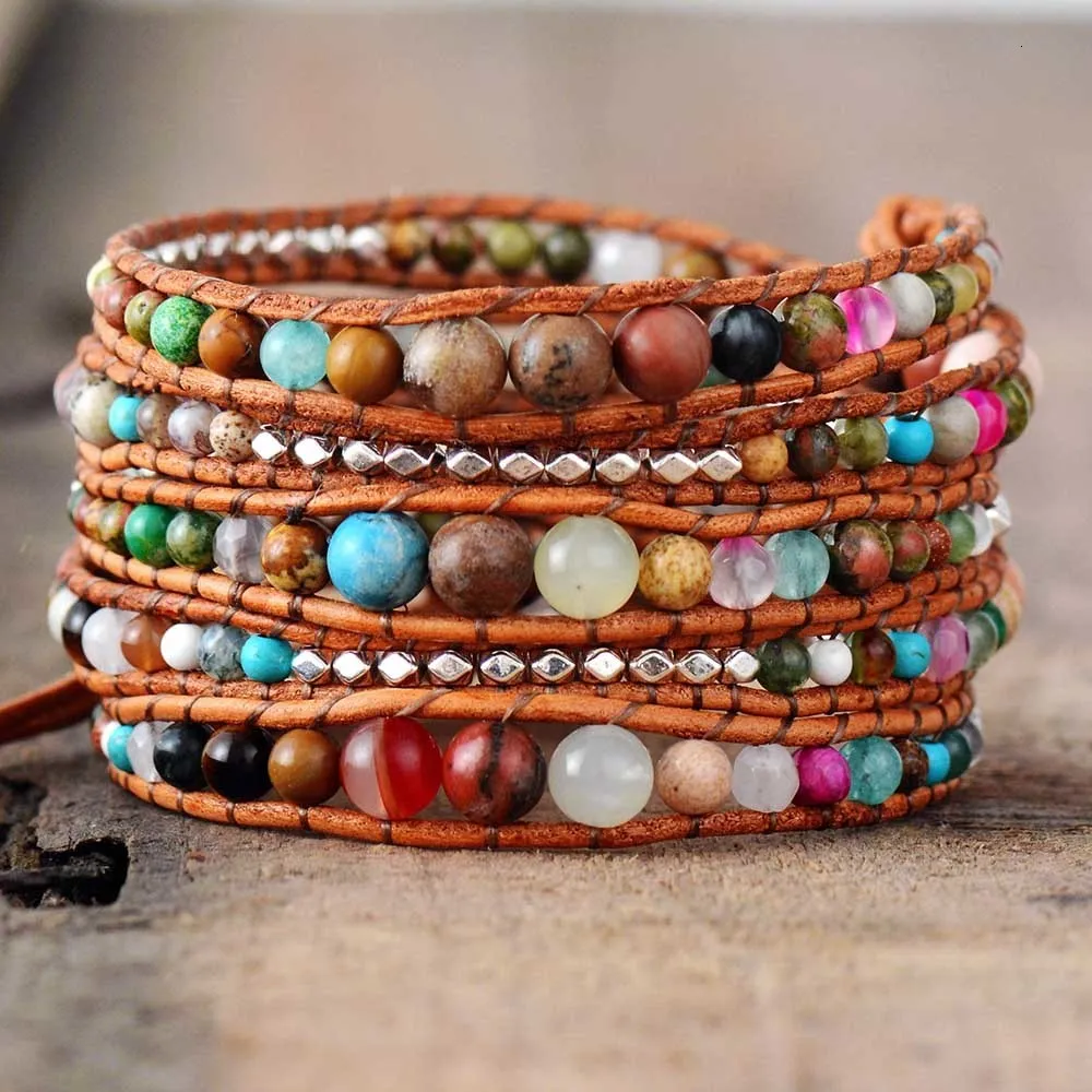 Chain Leather Wrap Bracelets Drop Women Graduated Natural Stones Silver Color Beads Multilayers Wholesale 230511