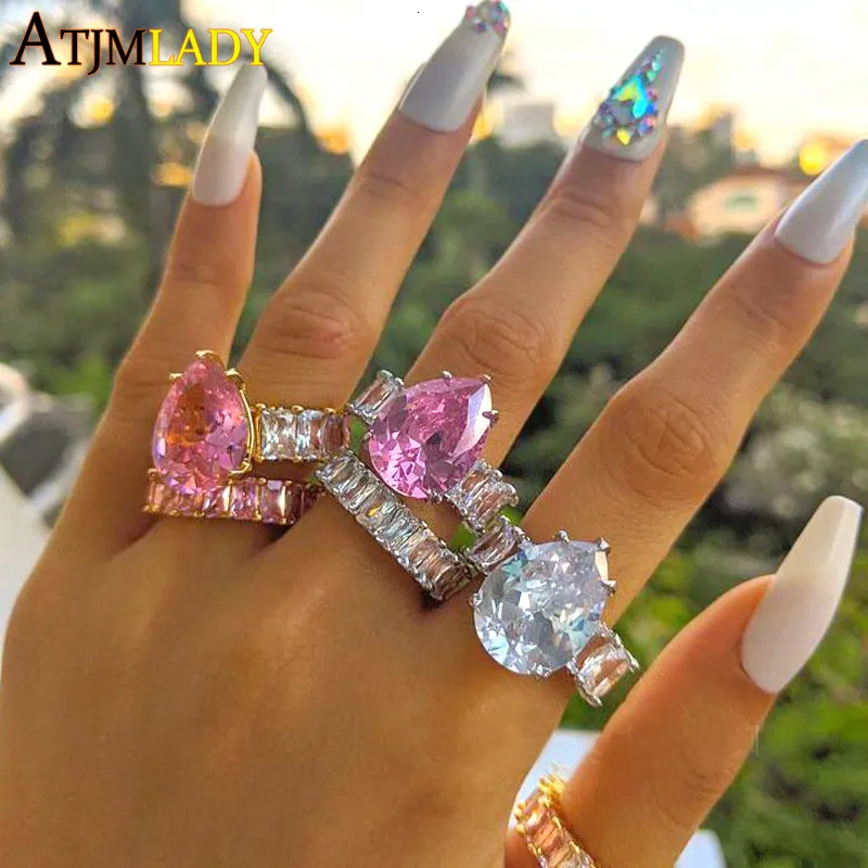 Band Rings Bling pear shape cubic zirconia paved Rose gold Color pricess cut full cz band wedding engagment ring for women 230511