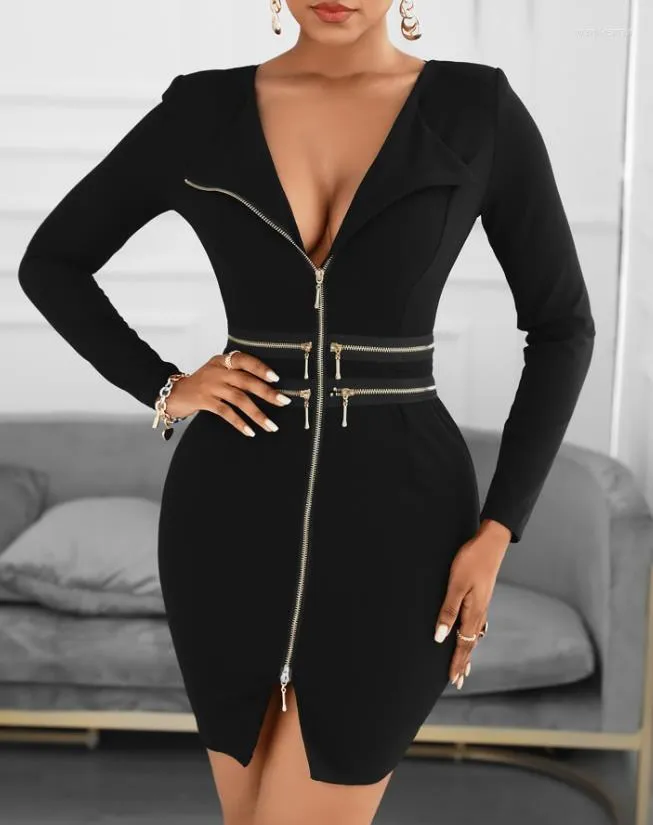 Casual Dresses 2023 Elegant Women's Dress Office Solid Color Zipper Design V-neck Long-sleeve Tight Work Pencil Skirt