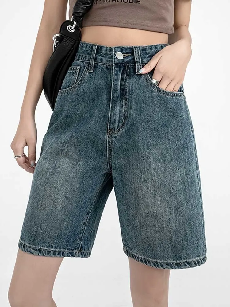 Dames shorts Solid Knie-lengte hoge taille denim shorts vrouwen vriendje Casual high taille wide been shorts jeans 230512