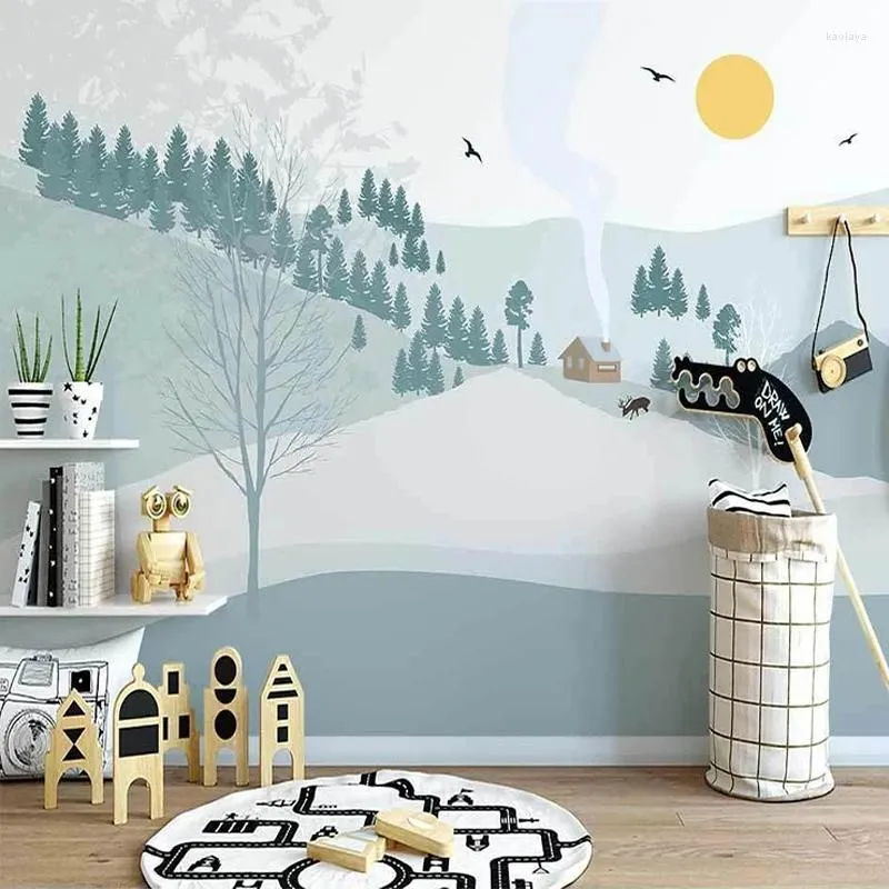 Bakgrundsbilder Anpassade PO Bakgrund 3D Valley Woods Small House Mural Children's Room Bakgrund Väggmålning Papel de Parede Infantil