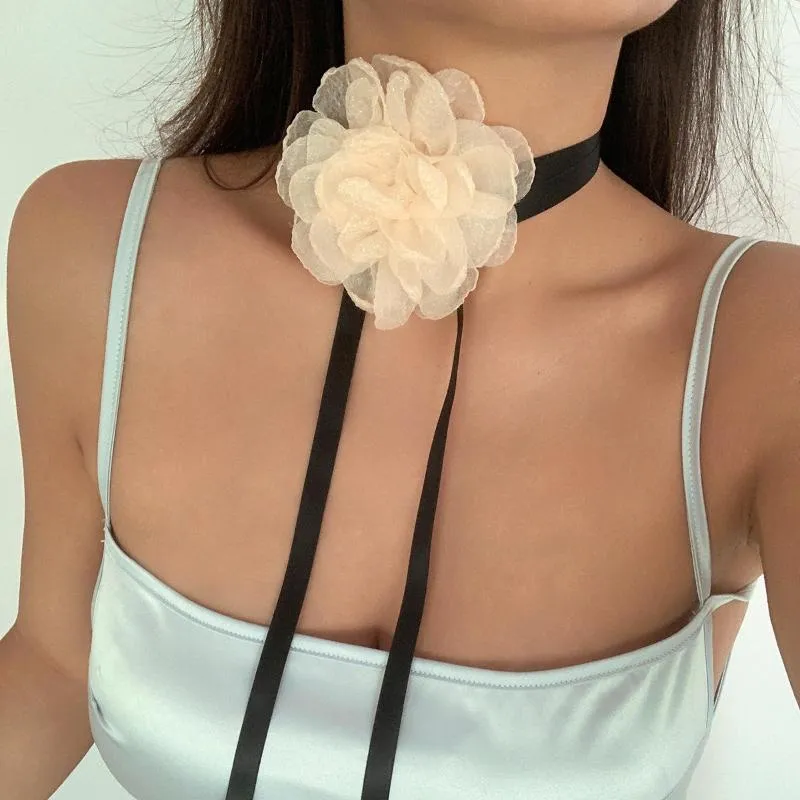 Collier ras du cou élégant grande fleur Rose Chokers collier pour femmes ruban romantique à lacets corde chaîne bijoux sur le cou Y2K accessoire