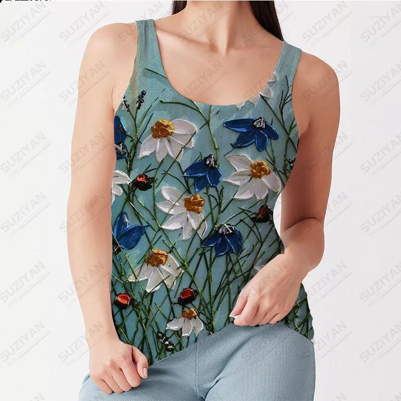 Women's Tanks Fashionable And Tight Fitting Women's Sleeveless Round Neck Vest Retro Loose Flower 3D Printing Slim Top