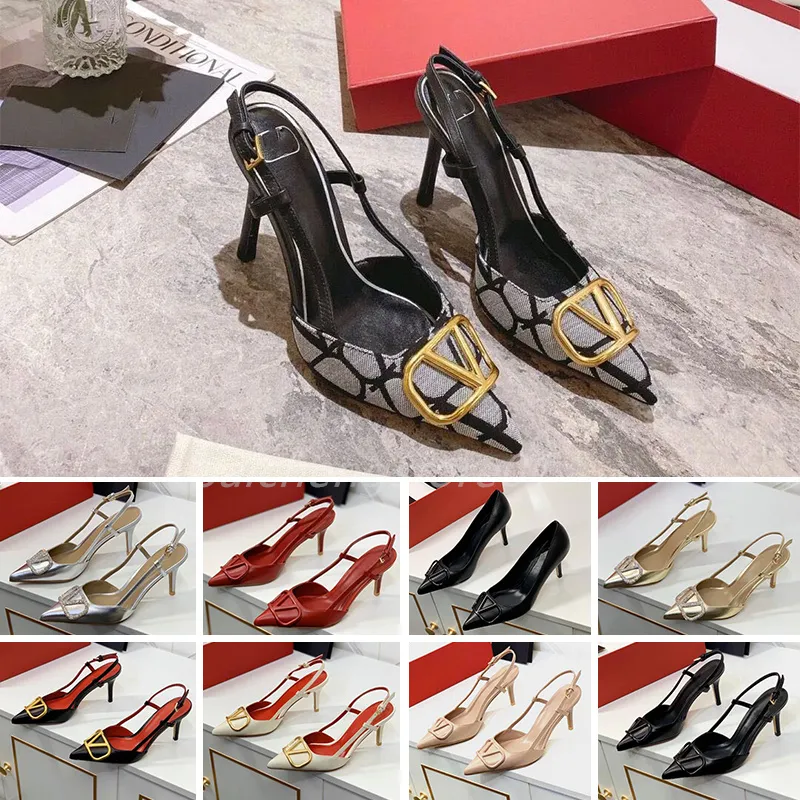 Lyxvarumärke High Heel Sandals Women Summer Designer Pointed Shoes Classics Gold-V Metal Buckle 4cm 6cm 8cm 10cm tunna klackar Röda bröllopsskor med dammväska 34-44 B46