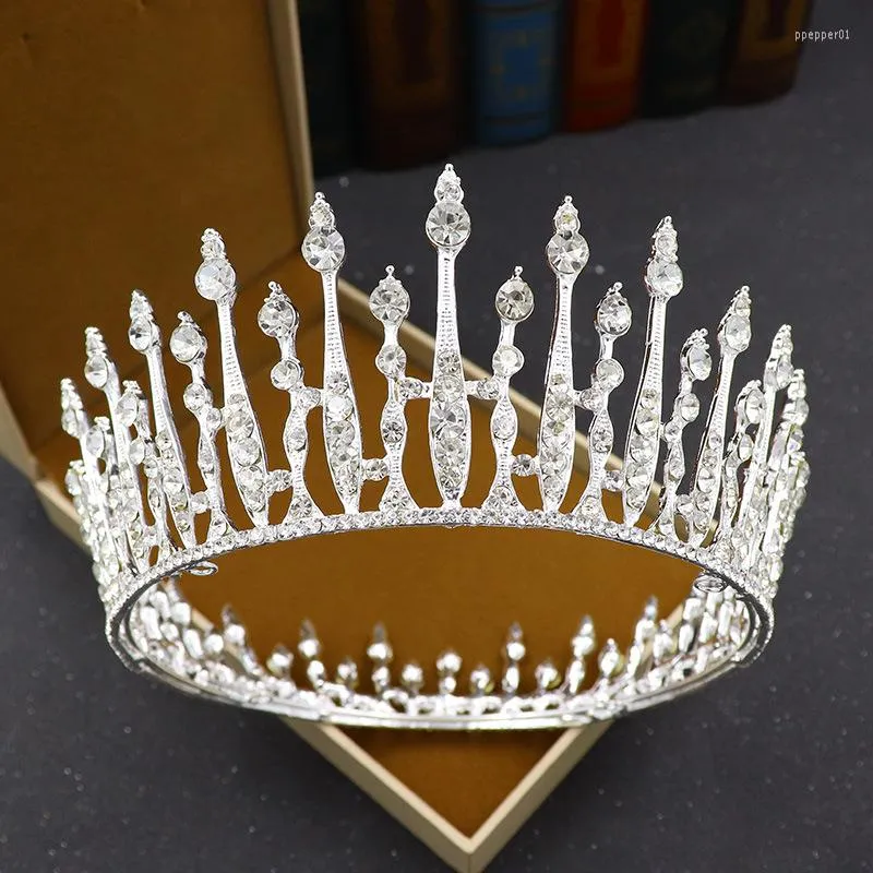Saç klipsleri lüks barok kristal yuvarlak büyük gelin taç tiara rhinestone pageant diadem için gelin kafa bandı partisi düğün aksesuarları