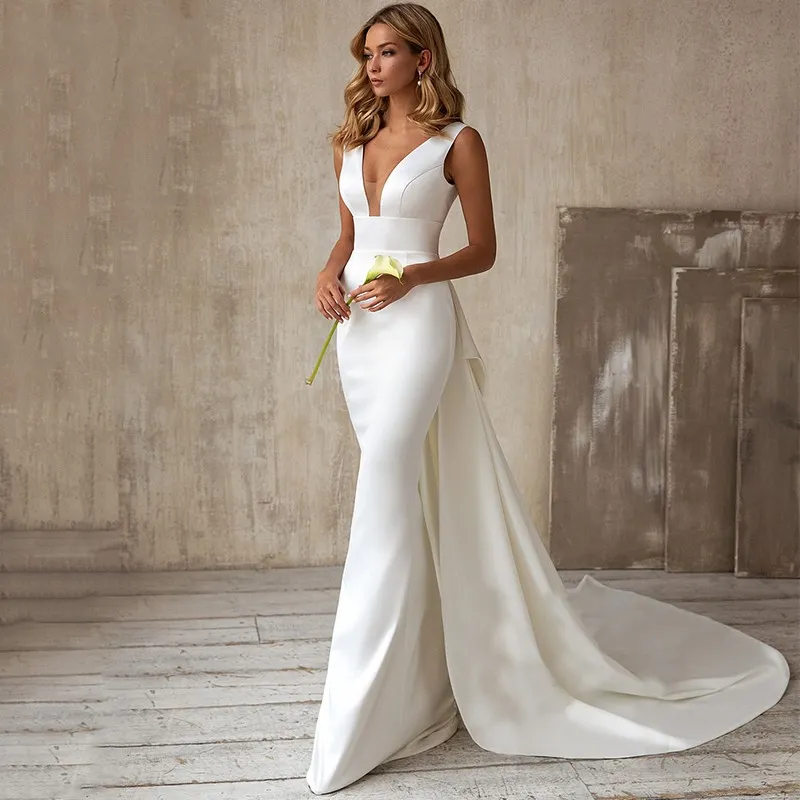 Abiti da sposa a sirena con fiocco in strascico staccabile Semplice scollo a V aperto sul retro Abiti da sposa in raso Robe De Mariee Vestidos De Noiva