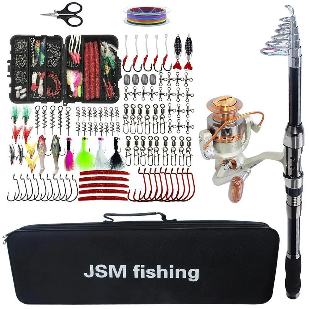 Accessoires de pêche Canne Combo outils Kit Spinning Télescopique Moulinet Ensemble avec Ligne Leurres Crochets Sac 230512
