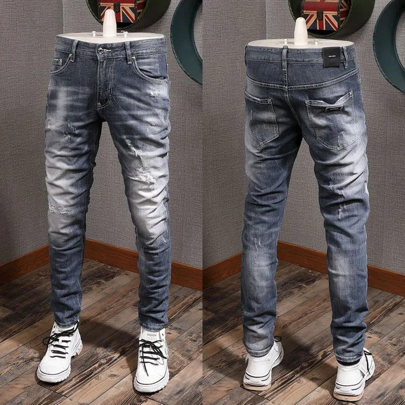 Fade Jeans elasticizzati vintage strappati gamba slim fit da uomo