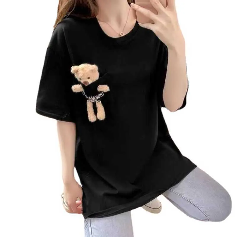 BRAS SUMMER KVINNOR HARAJUKU Söt riktig leksaksbjörn i Pocket T-shirt Street överdimensionerad lös kort ärm tee topptoppar 2xl p230512