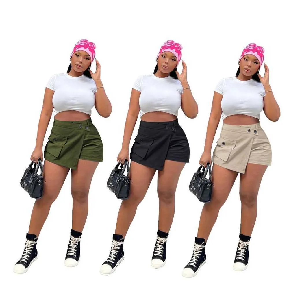 Mulheres curtas calça de cor sólida zíper trabalho casual usa shorts de saia de bolso irregular