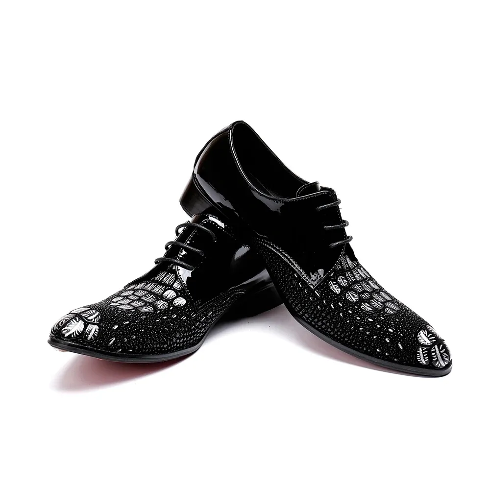 Lace Fashion Up Print Business Italiaans puntige teen punk rock brogue brogue klassiek echt lederen mannelijke derby schoenen 3520