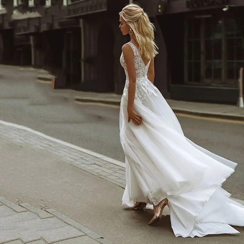 Custom Made Boho Deep V Wedding Dress With A Line Flowers, V
