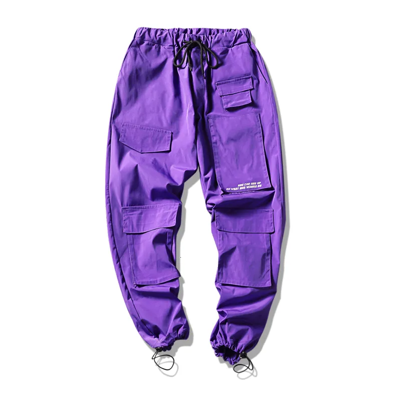 Calças masculinas homens streetwear calças de carga macacão dos homens baggy hip hop joggers calças bolsos harem calças roxo sweatpants coreano 230512