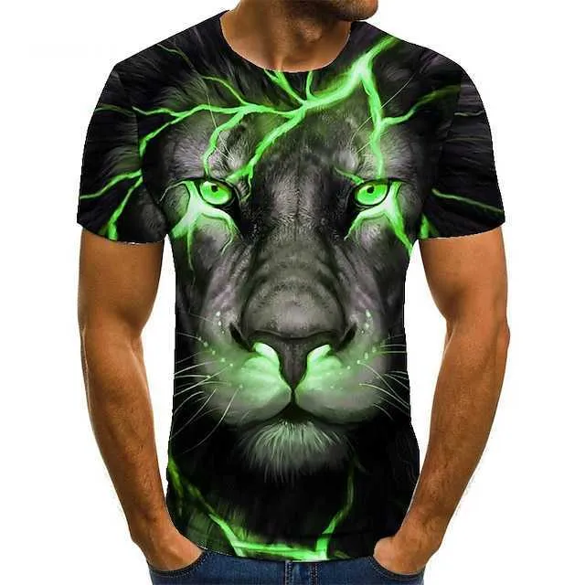 Herren T-Shirts RUKAS Interessantes T-Shirt Grafik Tier Löwe Hals Unterkragen Schwarz Rot Blau Lila Grün 3D-Druck Große Größe Lässige Kurzarm-Bedruckte Kleidung