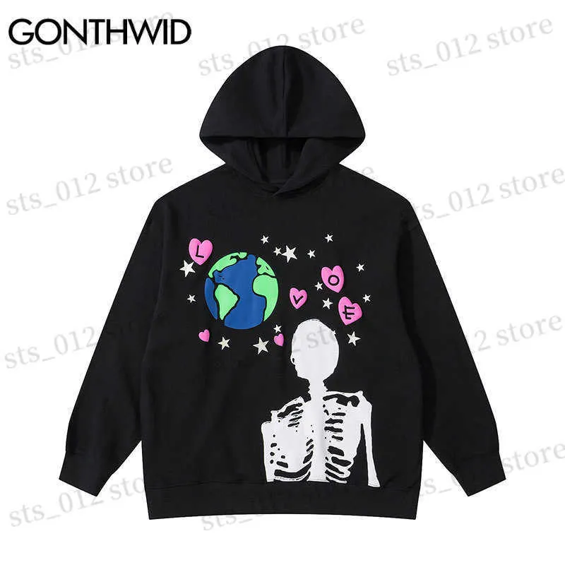 Herren Hoodies Sweatshirts GONTHWID 2023 Hip Hop Hoodie Sweatshirt Streetwear Earth Skeleton Print Punk Gothic Kapuzen Winter Harajuku Baumwollpullover Schwarz T230512