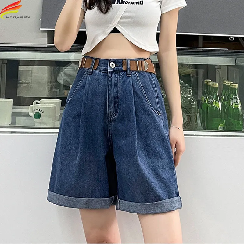 Dames shorts DFRCAEG zomer denim shorts voor vrouwen wide been geplooid los blauwe jeans met riem Koreaanse stijl straatkleding Bermuda shorts 230512