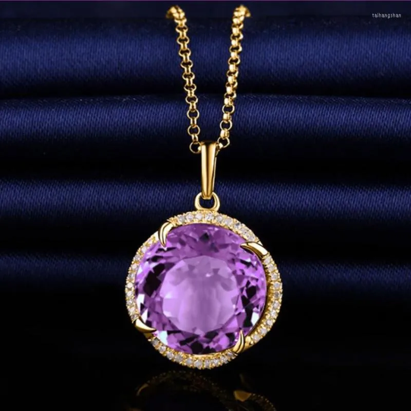 Anhänger Halsketten FYSL Licht Gelbgold Farbe Geometrische Cabochon Amethysten Kristall Link Kette Halskette Für Elegante Frauen Schmuck