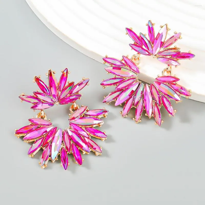 Dangle Earrings Big Statement Multi Colors Luxury Crystal Zircon Stud Vintage Flowers Fuchsia Jewelry