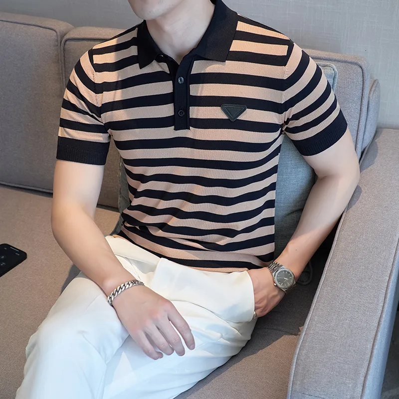 Oblique Striped Knit Polos T Shirt Business Casual Short Sleeve