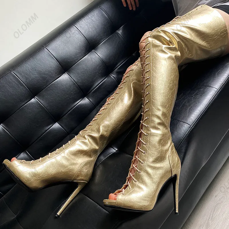 Olomm ręcznie robione kobiety Spring Boots Boots Boi Seks Seksowne cienkie obcasy okrągłe palce czarne złote srebrne buty plus rozmiar 5-20
