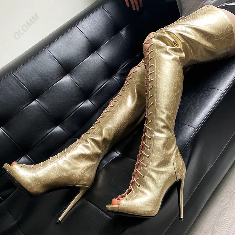 Olomm Fatti A Mano Donna Primavera Stivali Coscia Cerniera Laterale Sexy Tacchi Alti Sottili Punta Rotonda Nero Oro Argento Scarpe Plus Taglia DEGLI STATI UNITI 5-20