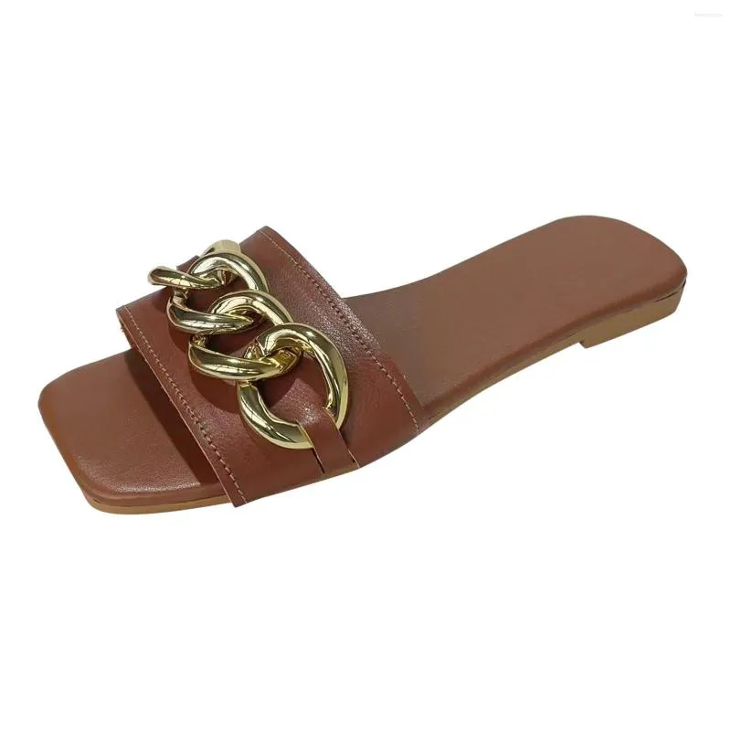 Slippers Ladies Fashion Summer Leather Metal Buckle Decoration Open Toe Flat Bottom For Women Washable Outdoor