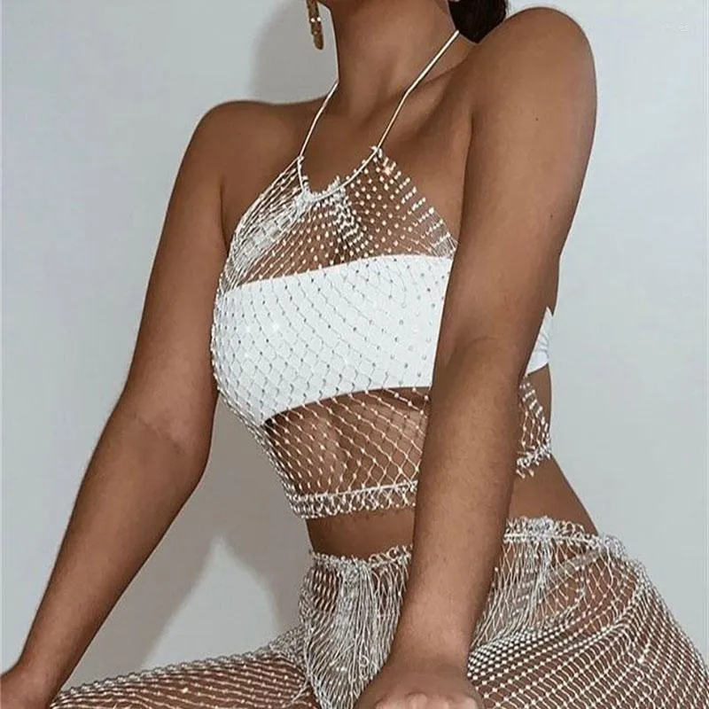 Women's Tanks Sexy Rhinestone Mesh Cropped Tank Top For Women Summer Beach Bikini Cover Up See Through Diamond Party Club Crop