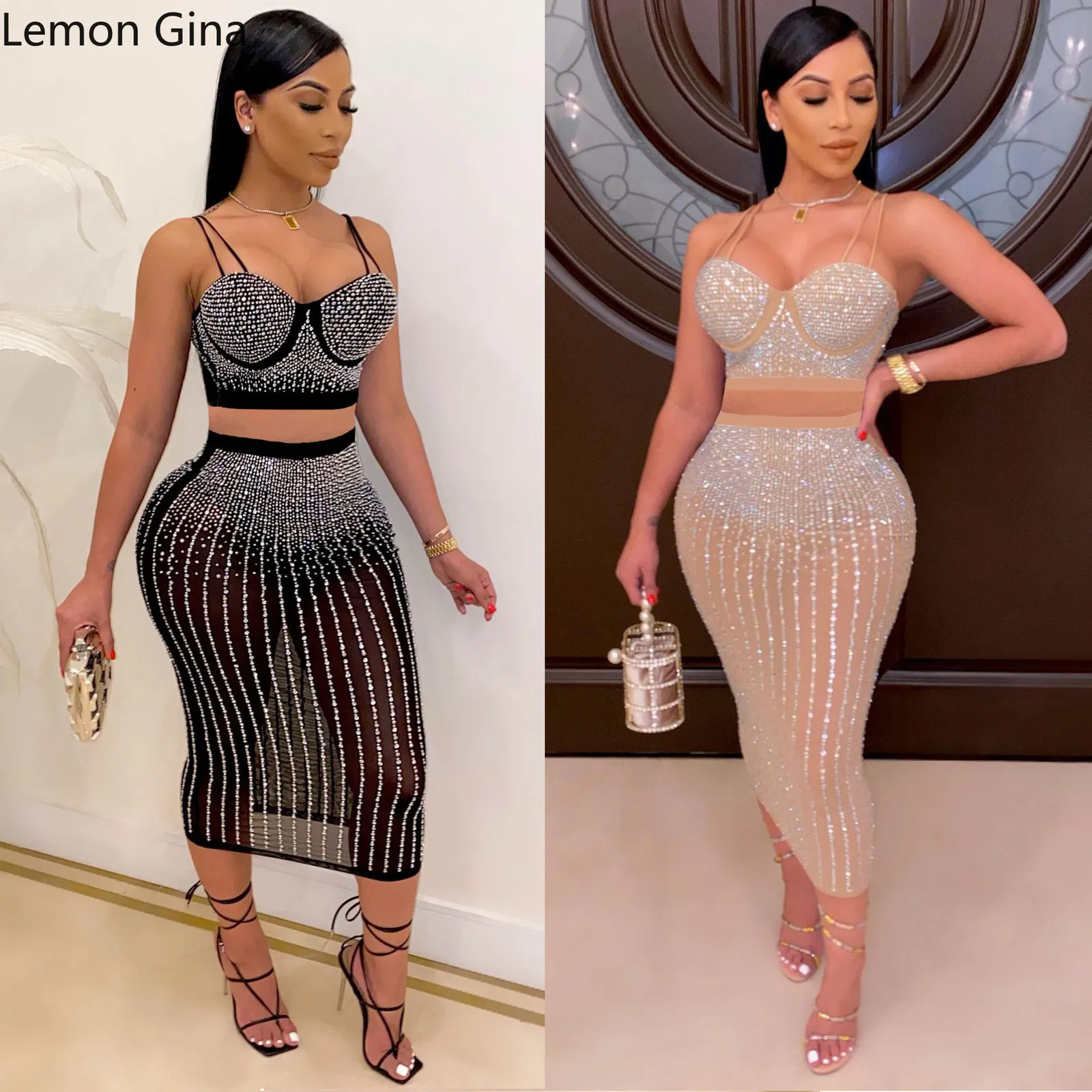 Two Piece Dress Lemon Gina Sexy 2 Sets Women Skirts Suits Set Diamond Crop Top Midi Black Matching 230512