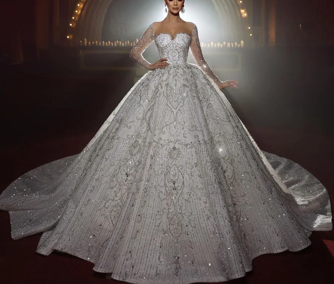Save Big on Bulk Sparkle Ball Gown Dresses Sequin Ball Gowns: Sparkly Ball  Gown Wedding Dresses With Long Sleeves, V Neck, Appliqued Lace, And 3D
