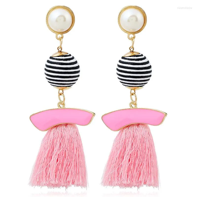 Dingle örhängen Bohemian Ethnic Fashion Stripe Ball Tassel For Women Red Black Pink Big Long Simulated Pearl Drop Statement