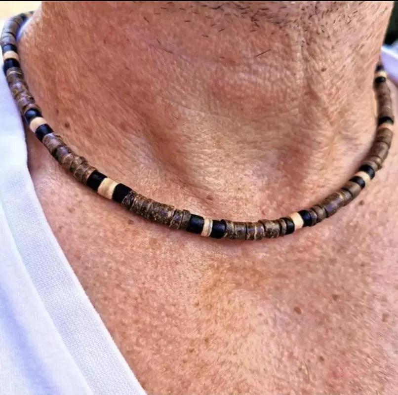 Chaînes Collier Homme Perles De Noix De Coco Naturelles Coquillage Blanc Pierre Noire Et Perle En Bois Surfeur