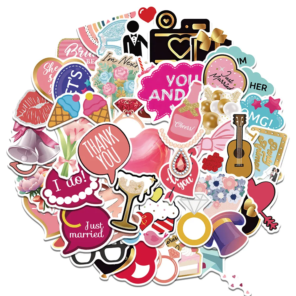 50PCS/Lot Happy Wedding Stickers For Skateboard Car Baby Helmet Pencil Case Diary Phone Laptop Planner Decor Book Album Kids Toys Guitar DIY Decals