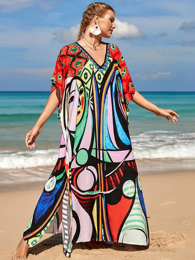 Swimwear 2023 Loose Boho Style Maxi Dress Print Face Swim Suit Coverup Bohemian Dress Robe Plage Kaftan Maxi Dress Beach Wear Tunics