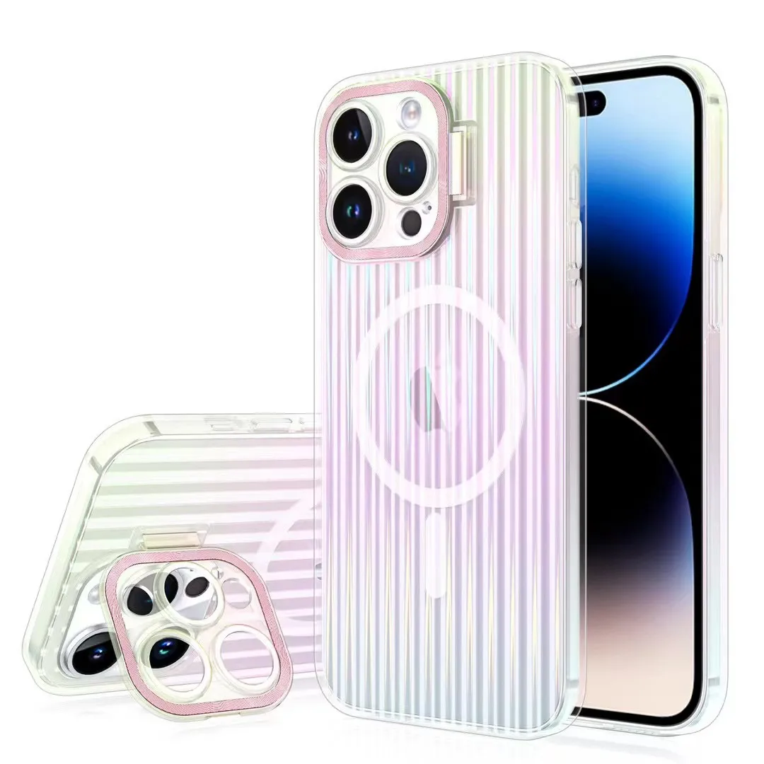 Clear Colorful Magnetic Phone Cases for iPhone 15 Plus 14 Pro Max Transparent Camera Protection Cover Bracket Support Magsafe Wireless Charging Rainbow Stripes