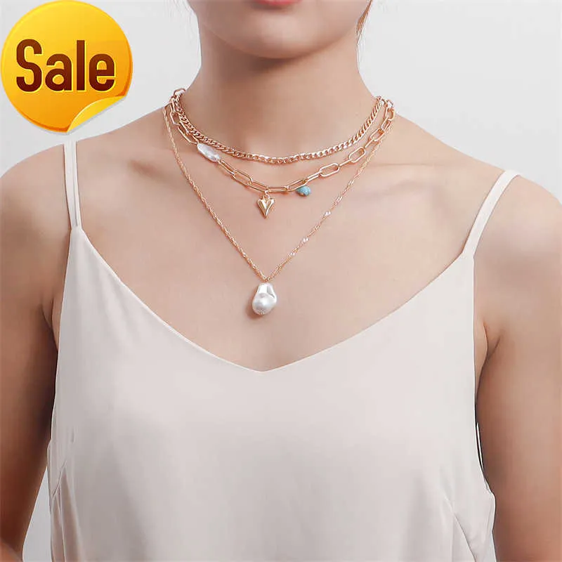 2022 Hot Selling S925 silver Jewelry Trendy Cool Multi-layer Special Shaped Girl Necklace Pearl Love Female Heart Pendant Necklace