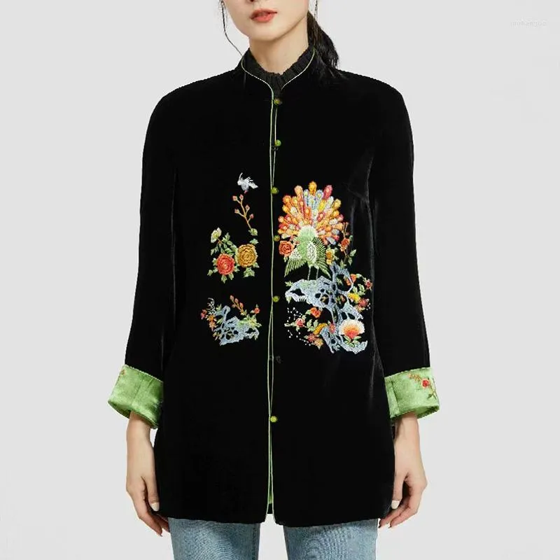 レディースジャケットハイエンド中国スタイルスタンドカラーシングルブレストエクスキット刺繍シルクベルベットジャケット女性2023年秋S-XL