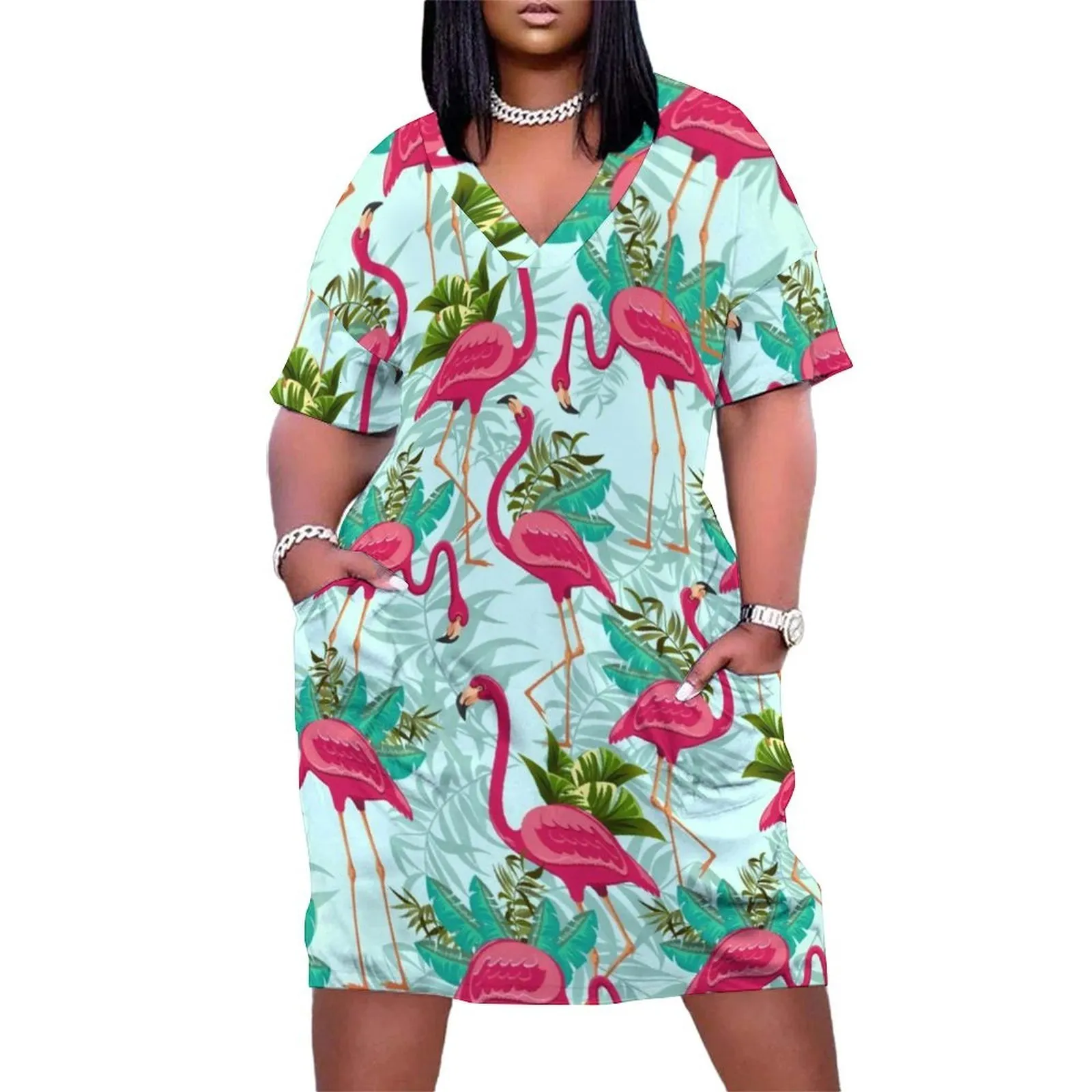 Kleider in Übergröße, rosa Flamingo, lässig, für Damen, exotische Vögel, Druck, niedlich, Frühling, kurze Ärmel, ästhetisch, individuelle Größe 3XL 4XL 230512