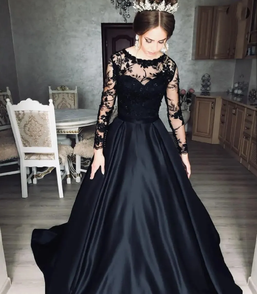 New Black Evening Dresses Formal Prom Party Gown A Line Jewel Long Sleeve Floor-Length Sweep Train Applique Beaded Satin Long Illusion 418