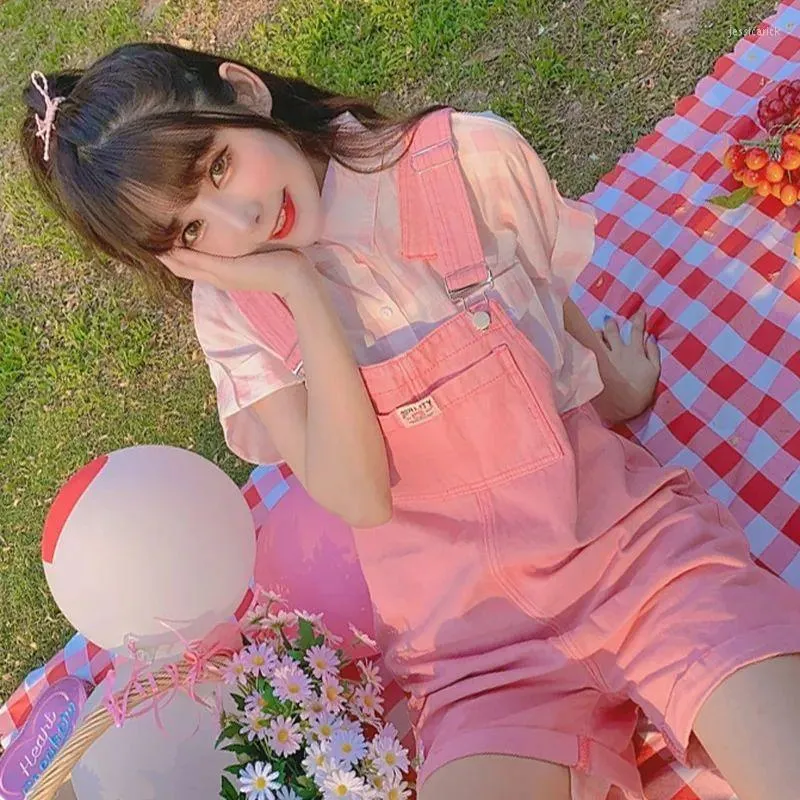 Pantalones cortos de mezclilla rosa para mujer pantalones con tirantes para ni a estilo pijo vacaciones de cumplea os ropa japonesa Kawaii para