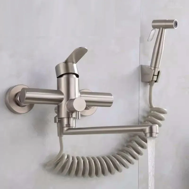 Kitchen Faucets Wall Mounted Foldable Faucet With Spray Gun 304 Stainless Steel Lead-free Stove Cold Sink Tap