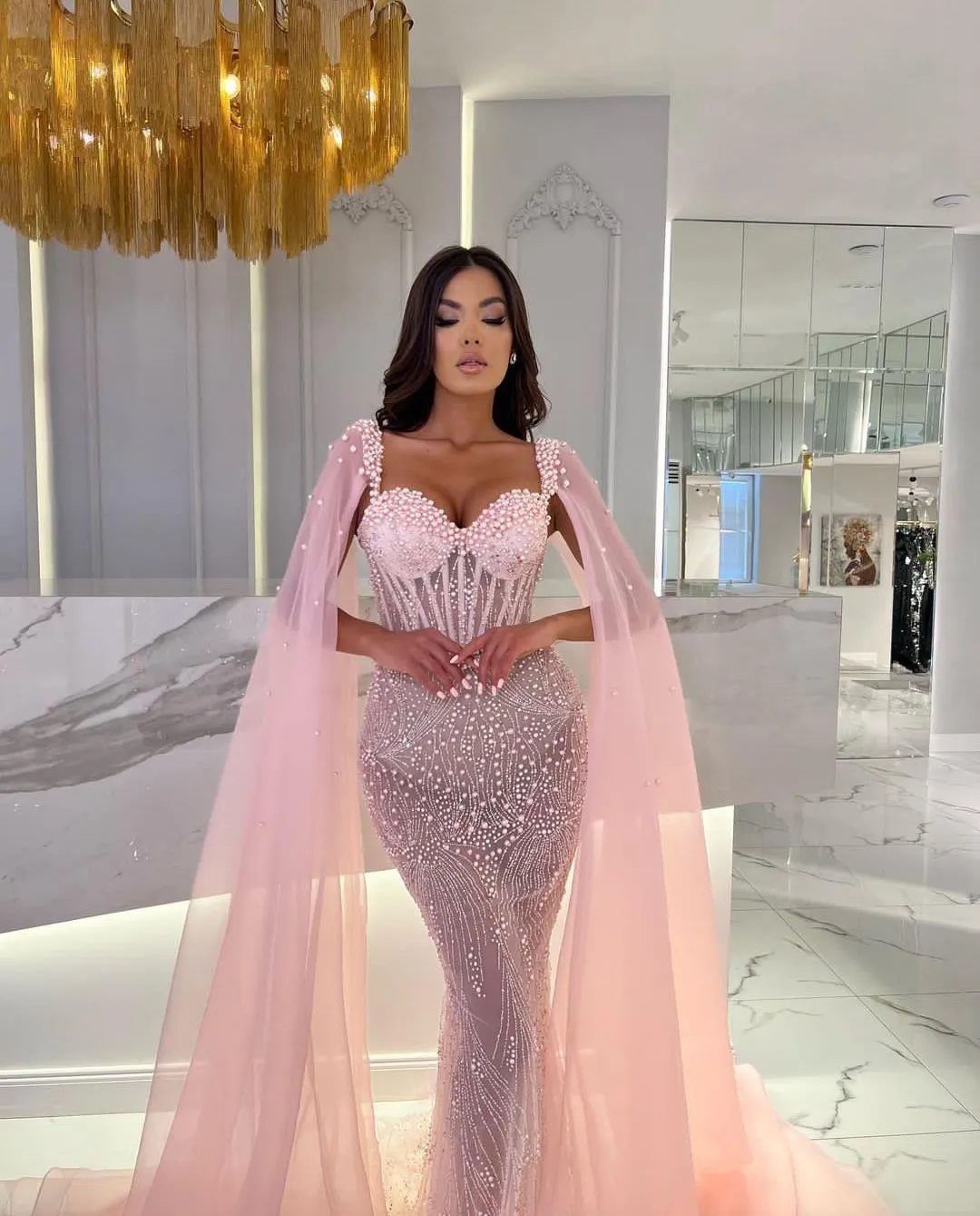 Pink Mermaid Prom Dresses ärmlösa V -halsband applikationer paljetter med pärlor 3d spetspärlor golvlängd kappor afton klänning brudklänningar plus storlek skräddarsydd