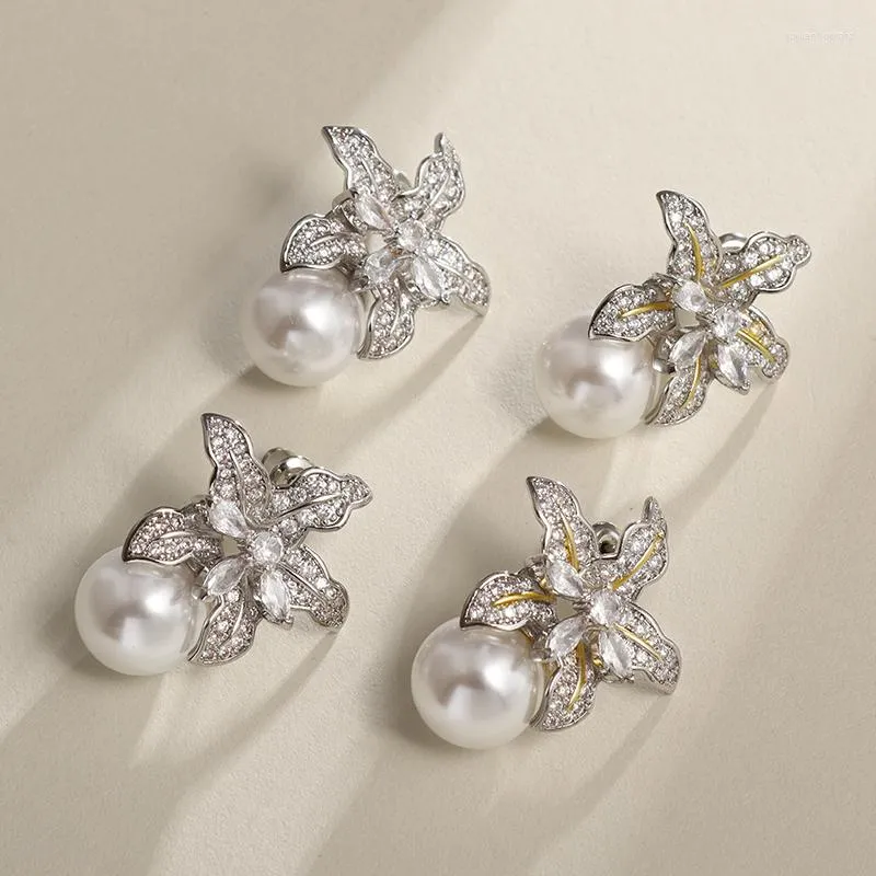Dangle Earrings Women's Fashion Floral Imitation Pearl Luxury CZ Temperament Flowers Wedding Party Jewelry Gifts