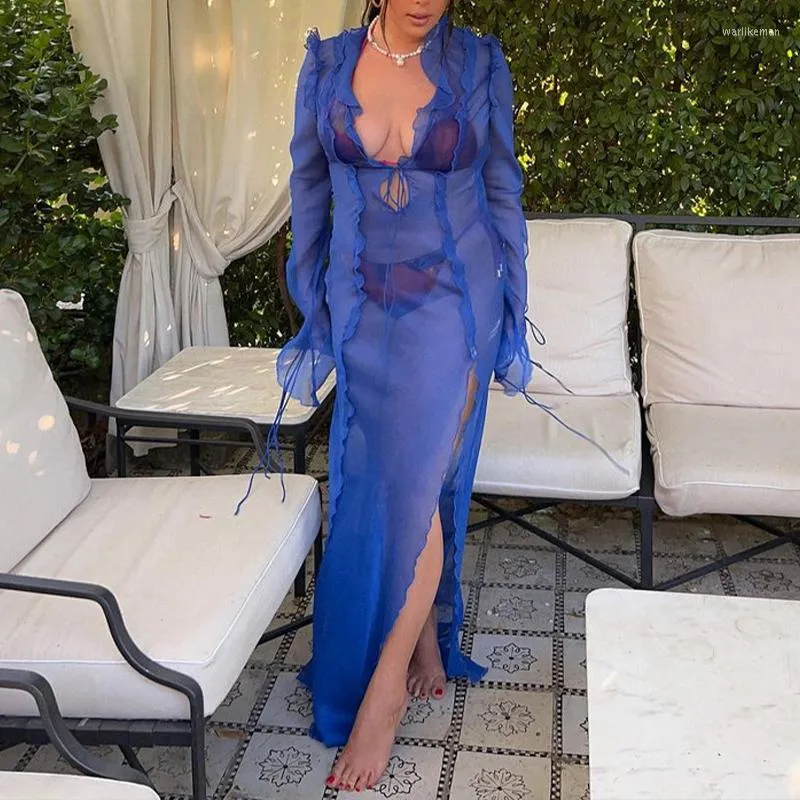 Lässige Kleider 2023 Chiffon Urlaubskleid Mesh Asymmetrische Perspektive Langarm Schnürrüsche Sexy V-Ausschnitt Blau für Frauen