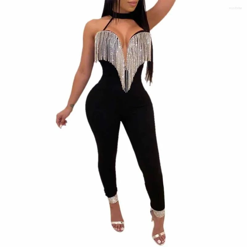 Löpning sätter kvinnor tofsels bodycon jumpsuits kvinnlig ärmlös stappy yoga set sexig djup v-ringning rygglös rompers mode jumpsuit