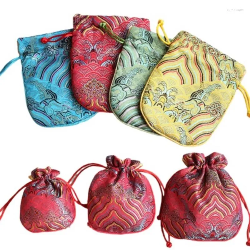 Emballage cadeau 10 pièces 3 tailles eau de mer petit tissu pochettes en tissu cordon chinois soie brocart fête faveur de mariage sacs avec doublé